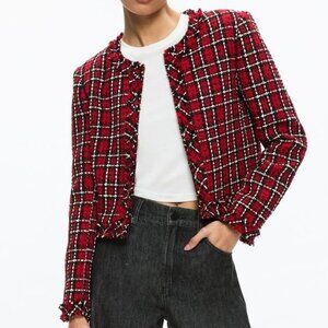Alice + Olivia Kidman Jacket Schoolgirl Plaid Bright Ruby Sz 8